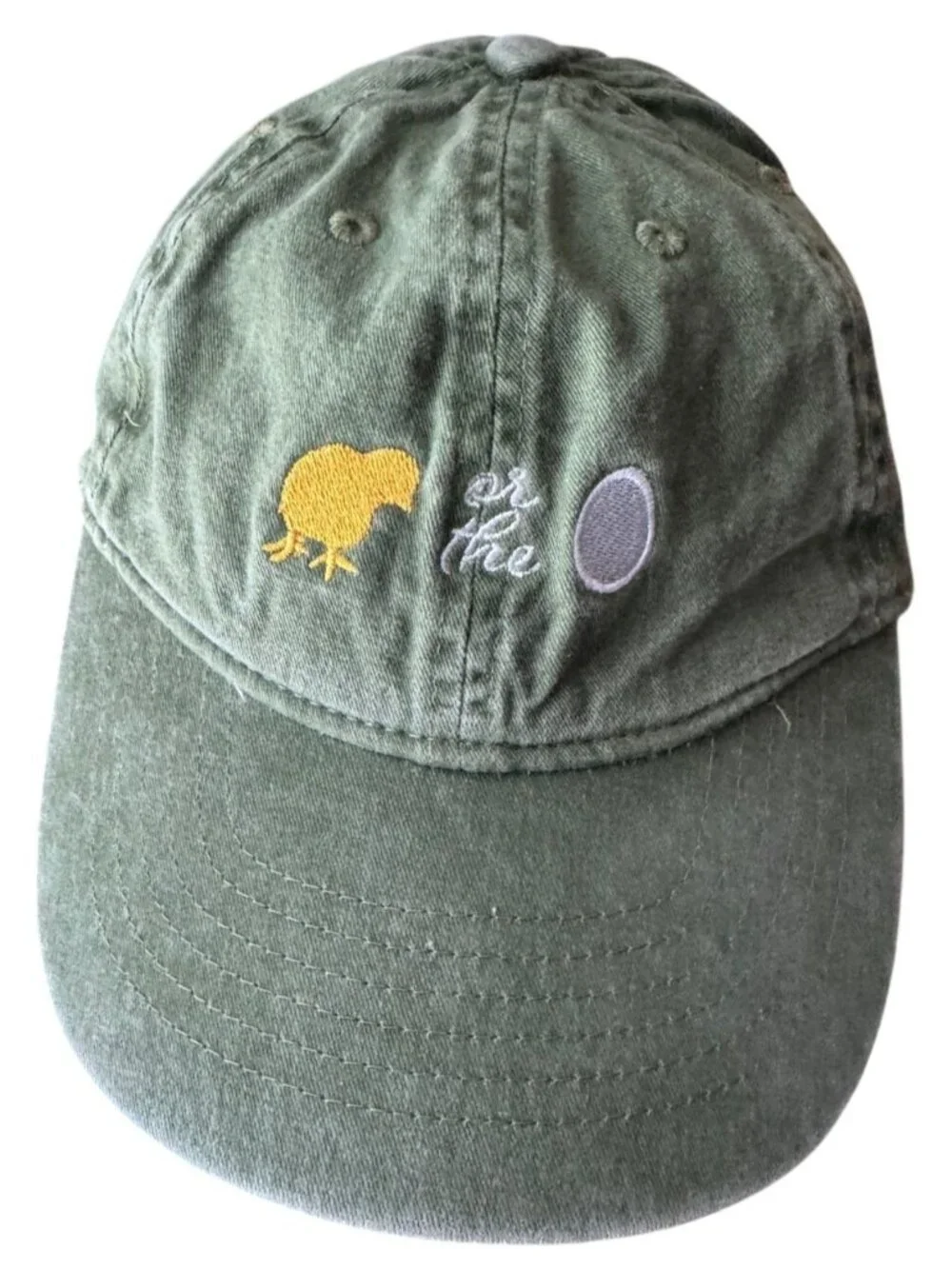 Green Cotton Baseball Cap With Embroidered Chick & Egg Design - Adjustable